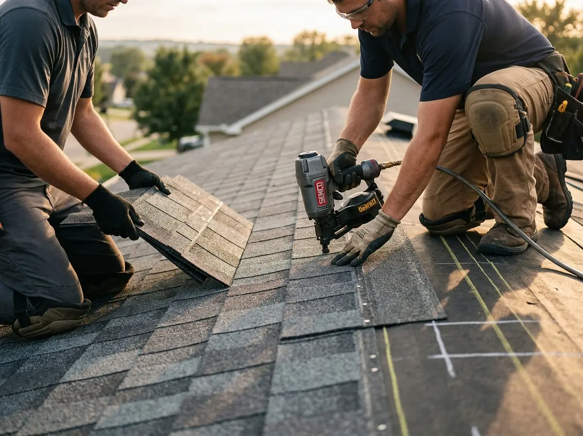 Professional roofer working on a residential roof in Kansas City